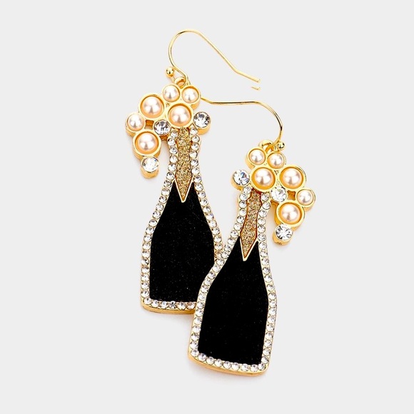 Jewelry - Glittered Champagne Bottle Earrings Embellished w/Pearls, Great holiday gift